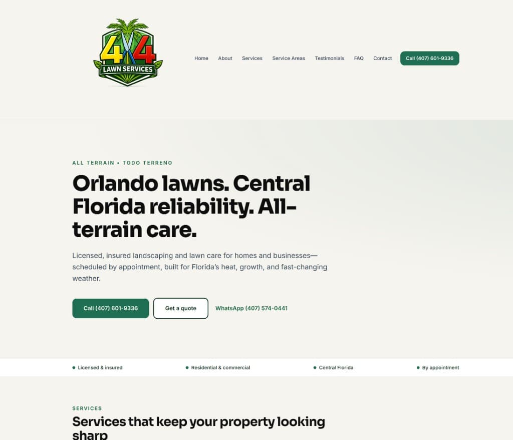 4x4 Lawn Services — Orlando and Central Florida lawn care and landscaping with phone, quote, and WhatsApp CTAs