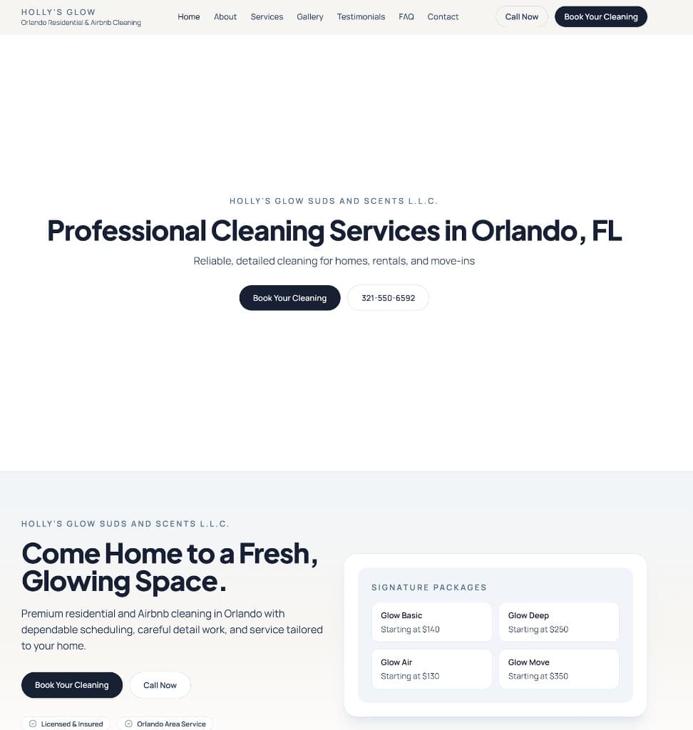 Holly's Glow Cleaning homepage — professional house cleaning in Orlando, FL with package tiers and booking CTAs