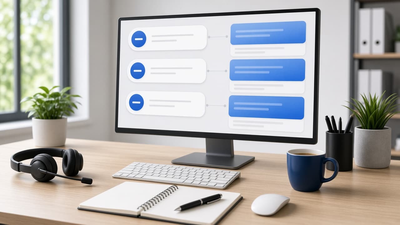 Support workstation with a headset and an abstract help-desk interface