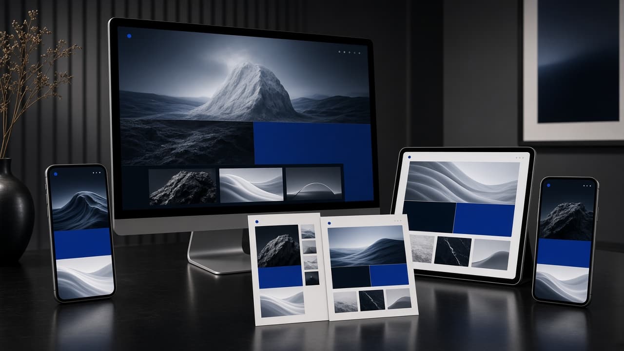 Portfolio of website mockups shown on a monitor, tablet, phones, and printed boards