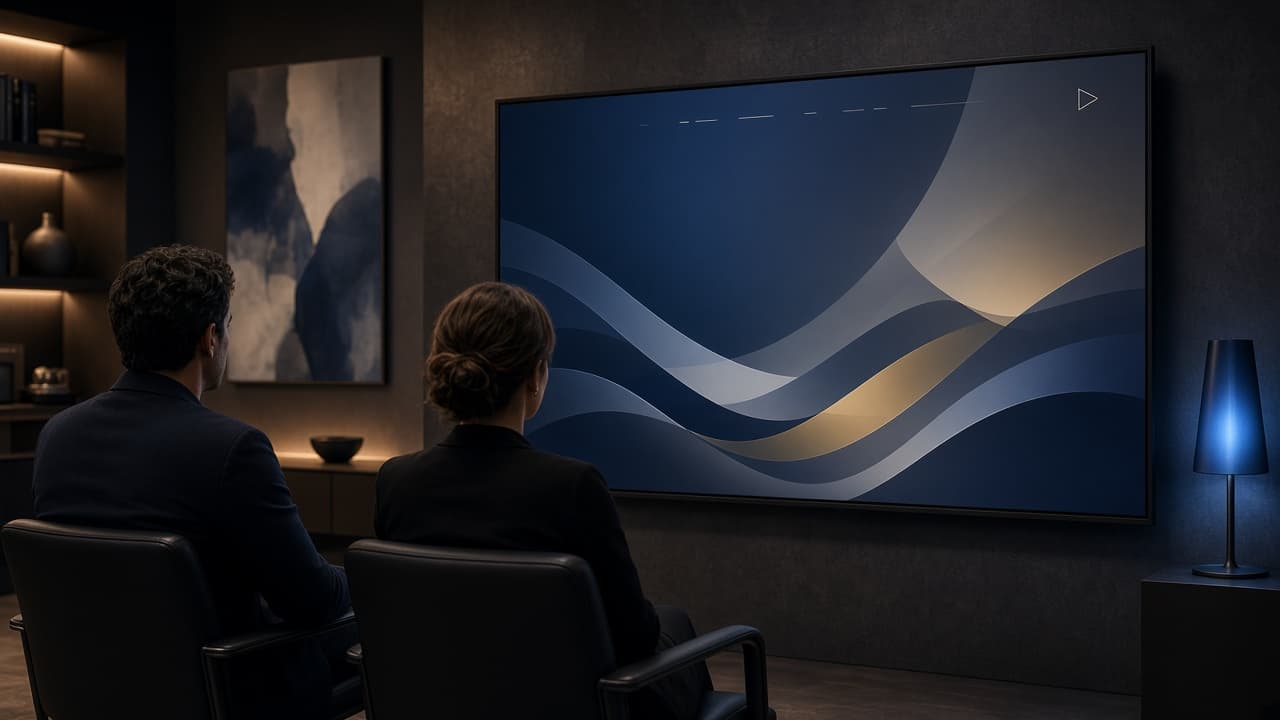 Designer and client reviewing a premium website mockup on a large display