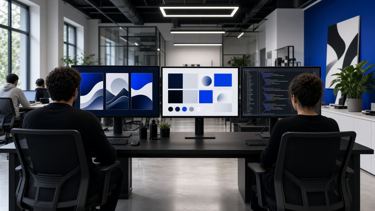 Web design studio with website mockups, branding boards, and development screens