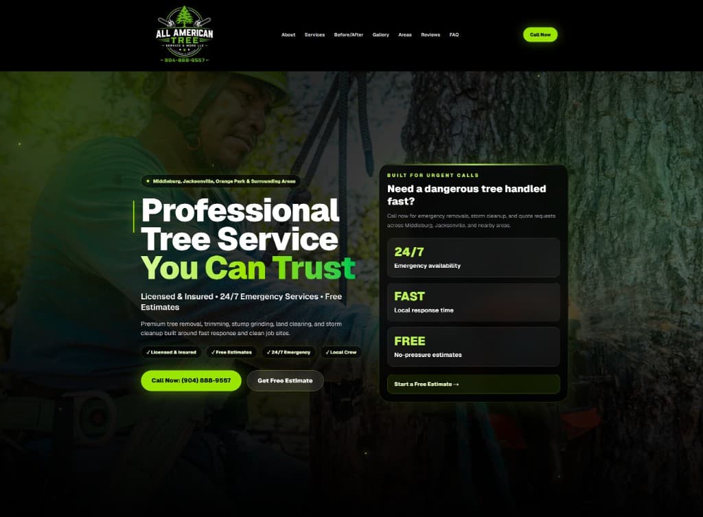 All American Tree Service & More LLC homepage - professional tree service with emergency call and free estimate CTAs