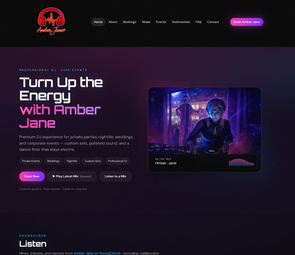 Amber Jane DJ website — professional DJ for private events, weddings, and nightlife with neon hero and featured mixes