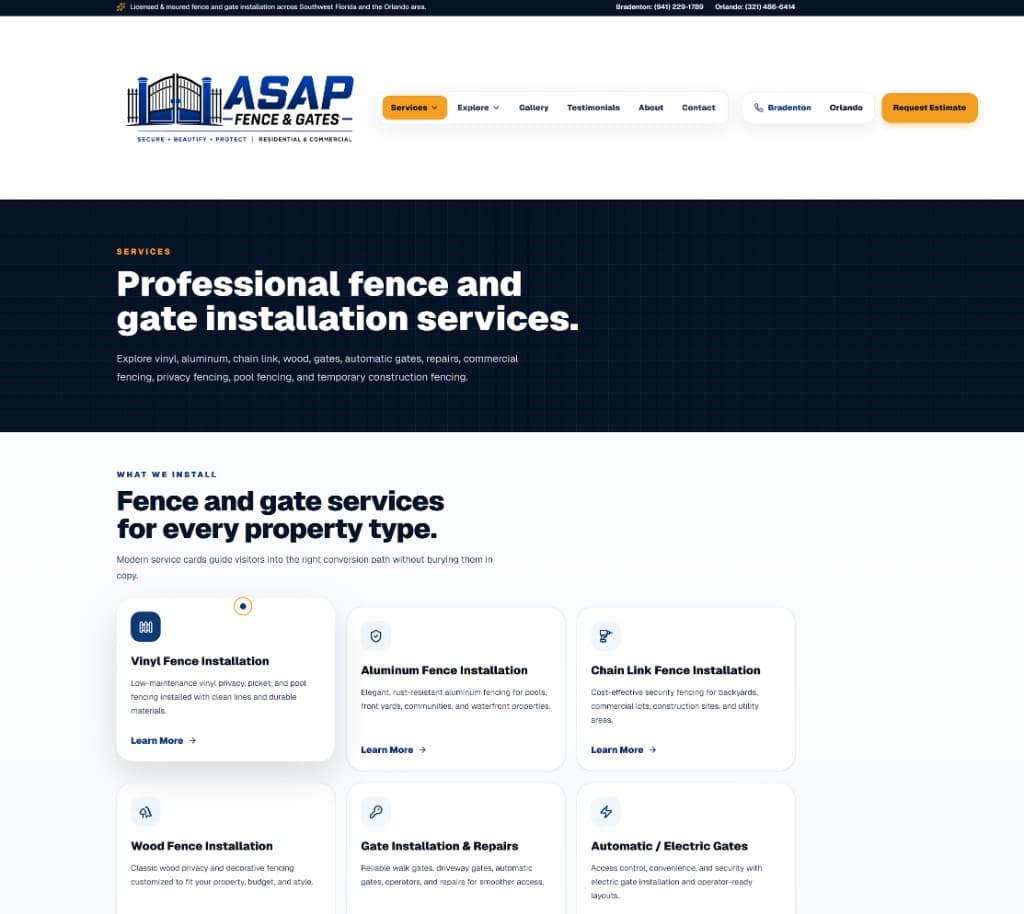 ASAP Fence & Gates services page - Florida fence and gate installation website with service cards and estimate CTAs