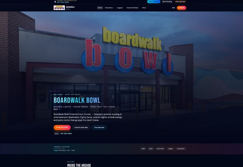Boardwalk Bowl redesign homepage preview with hero exterior image