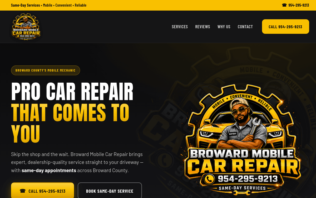 Broward Mobile Car Repair homepage - same-day mobile mechanic website with call and booking CTAs