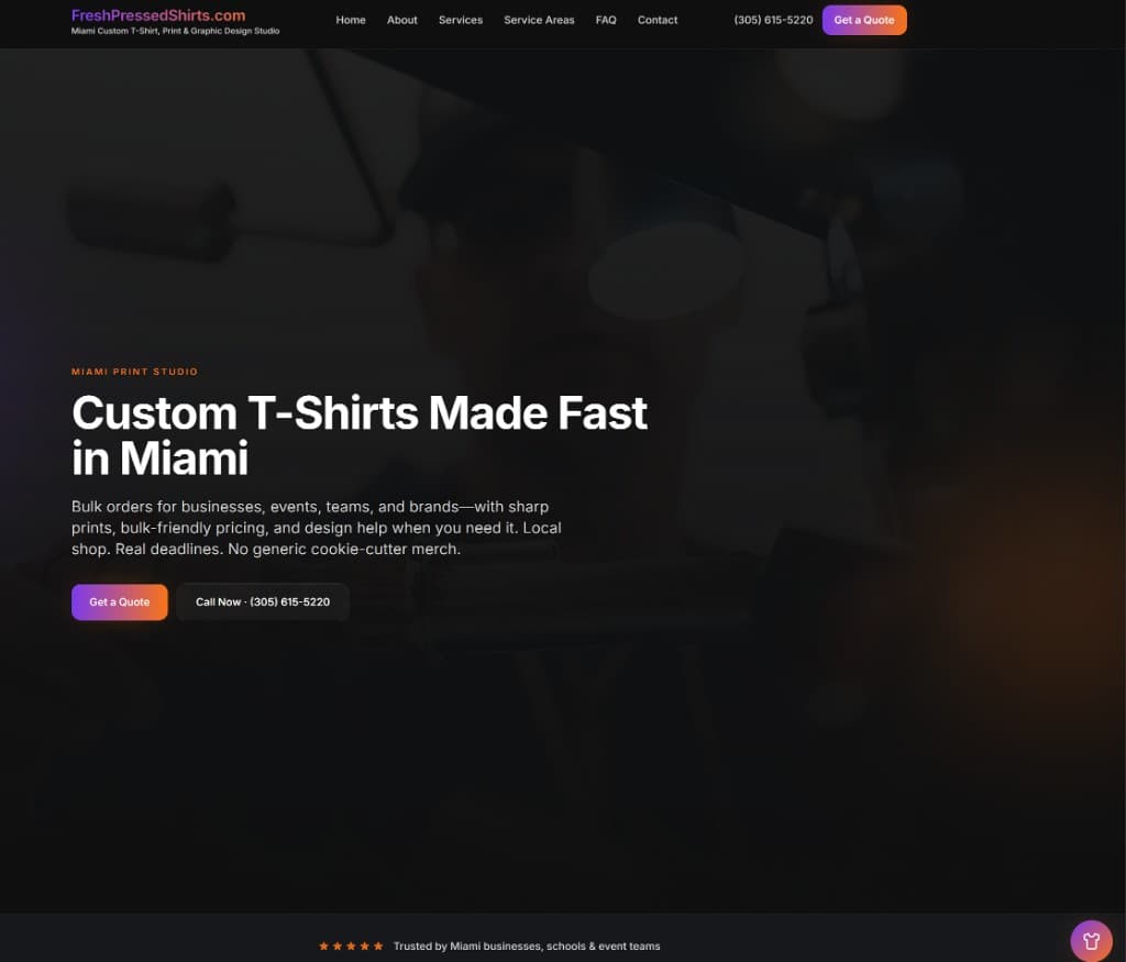 FreshPressedShirts.com homepage — Miami custom t-shirt, print, and graphic design studio with quote and call CTAs