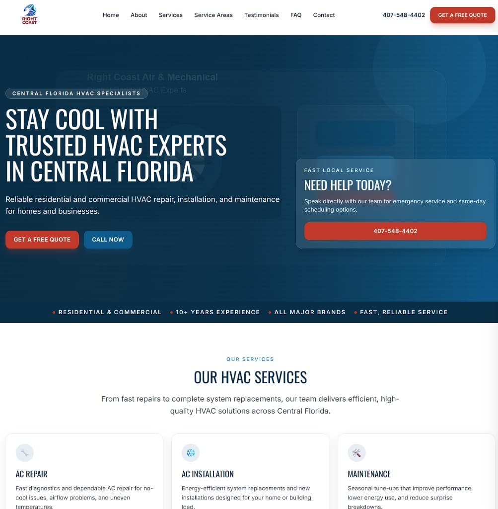 Right Coast Air & Mechanical HVAC website homepage preview