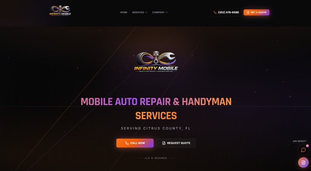 Infinity Mobile homepage - mobile auto repair and handyman services in Citrus County, FL with call and quote CTAs
