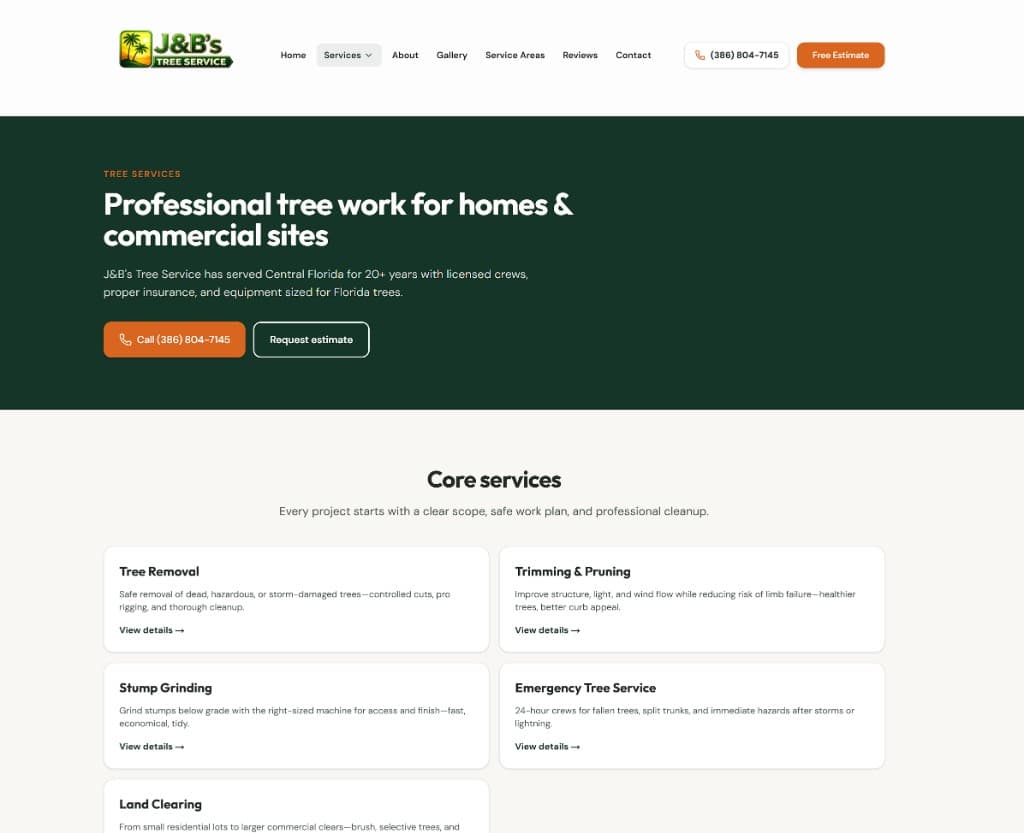 J&B's Tree Service homepage — professional tree removal, trimming, and emergency service in Central Florida