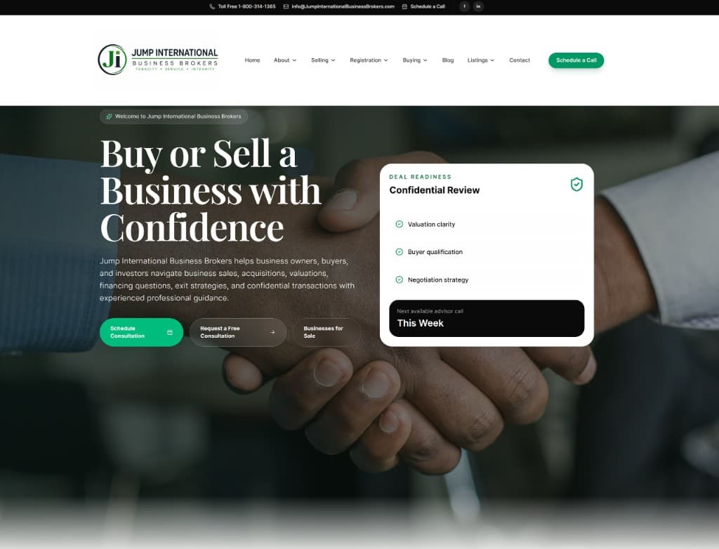 Jump International Business Brokers homepage - buy or sell a business with consultation and listings CTAs