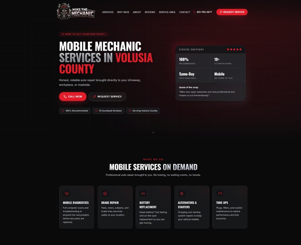 Mike The Mechanic homepage - Volusia County mobile mechanic website with call and request service CTAs