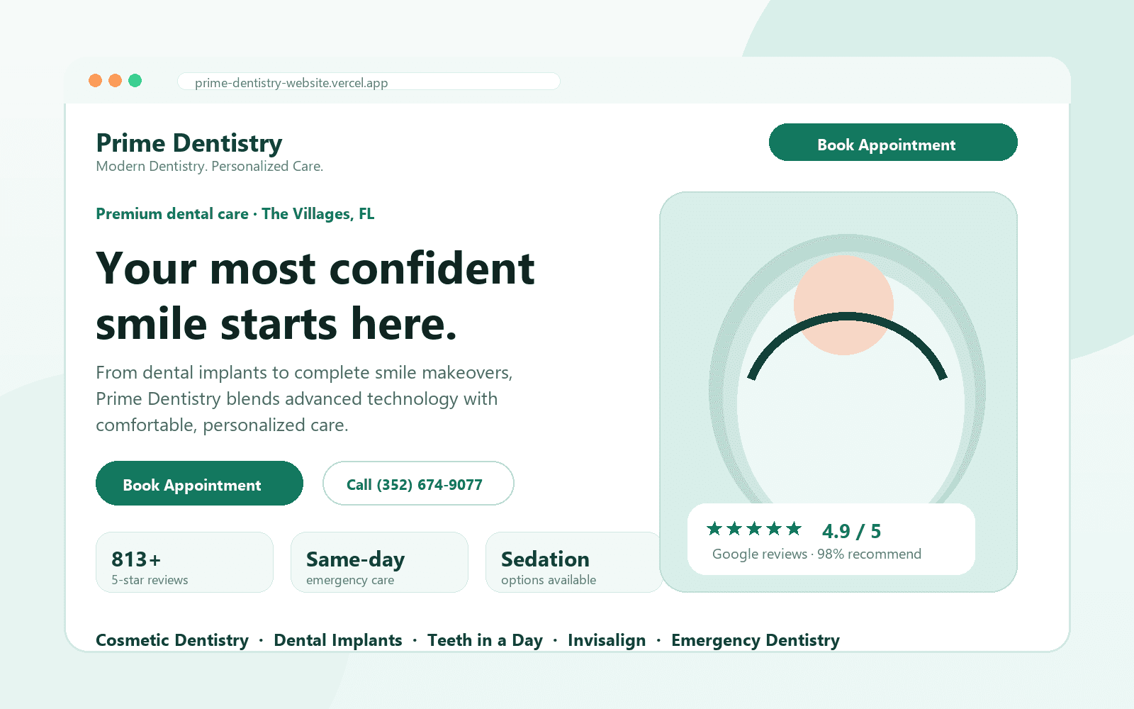 Prime Dentistry homepage - premium dental care in The Villages with appointment booking and implant consultation CTAs