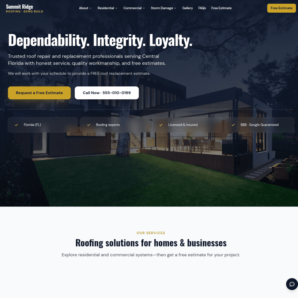 Summit Ridge Roofing demo — Central Florida roof repair and replacement with estimate and call actions