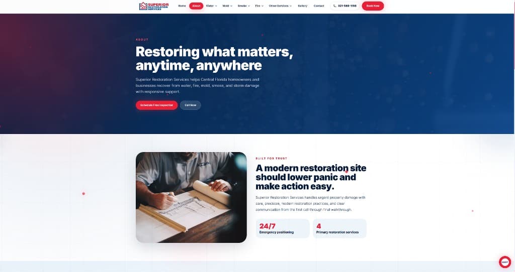 Superior Restoration Services homepage - Central Florida restoration services with emergency response and booking CTAs