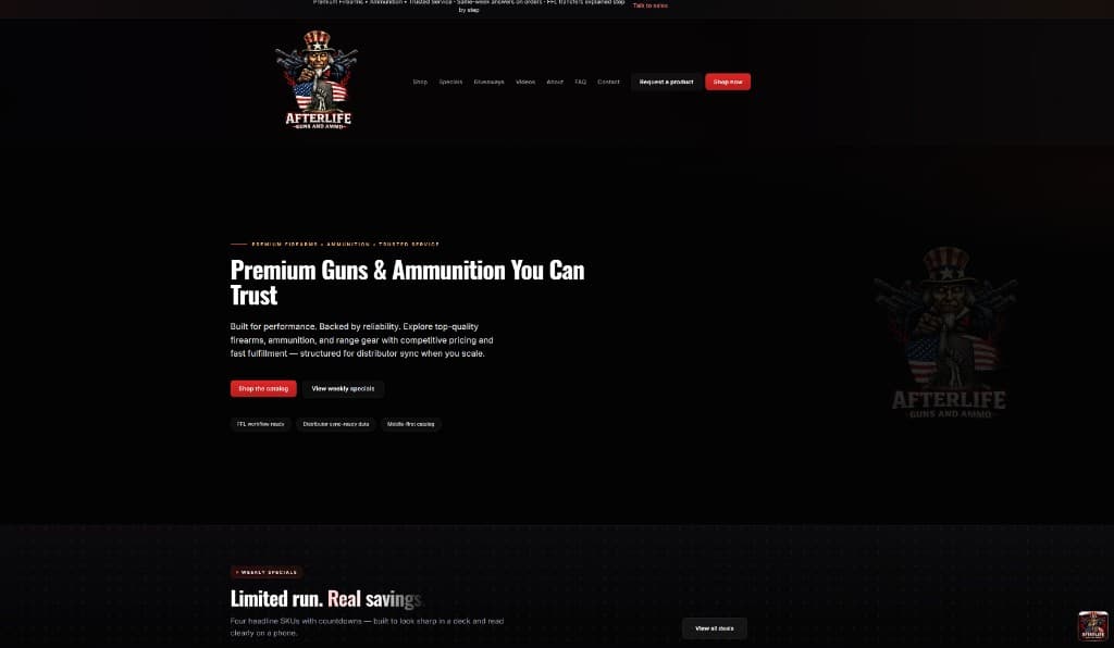 AfterLife Guns and Ammo tactical ecommerce template homepage preview