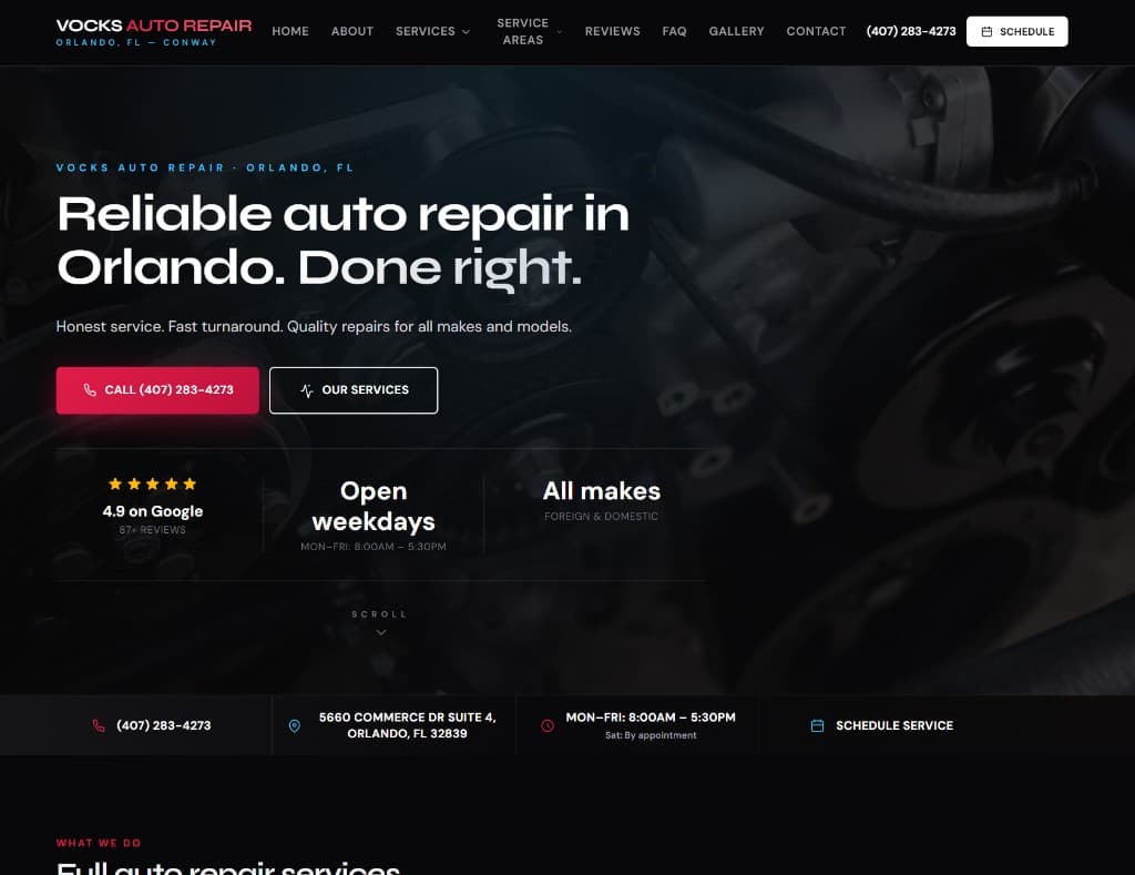 Vocks Auto Repair homepage — reliable auto repair in Orlando with call and schedule CTAs and trust badges