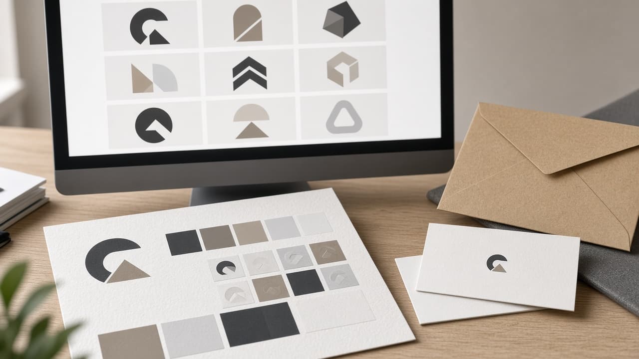 Branding and logo studio with geometric mark options, color chips, and stationery