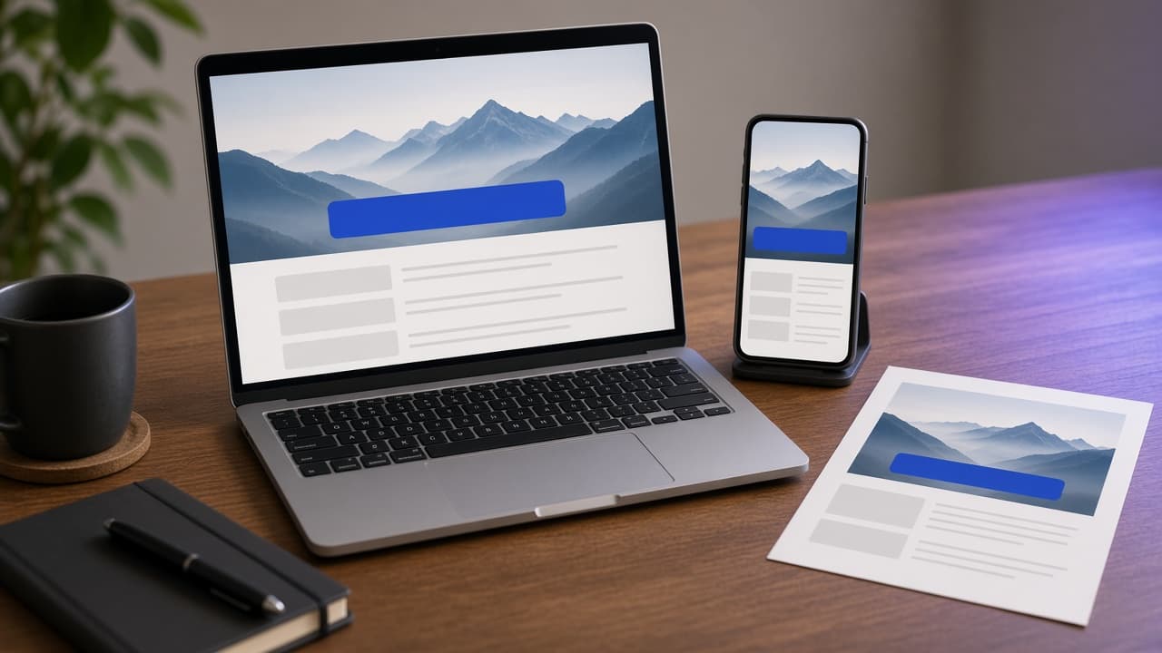 Landing page campaign on a laptop, phone, and printed proof with a single call-to-action