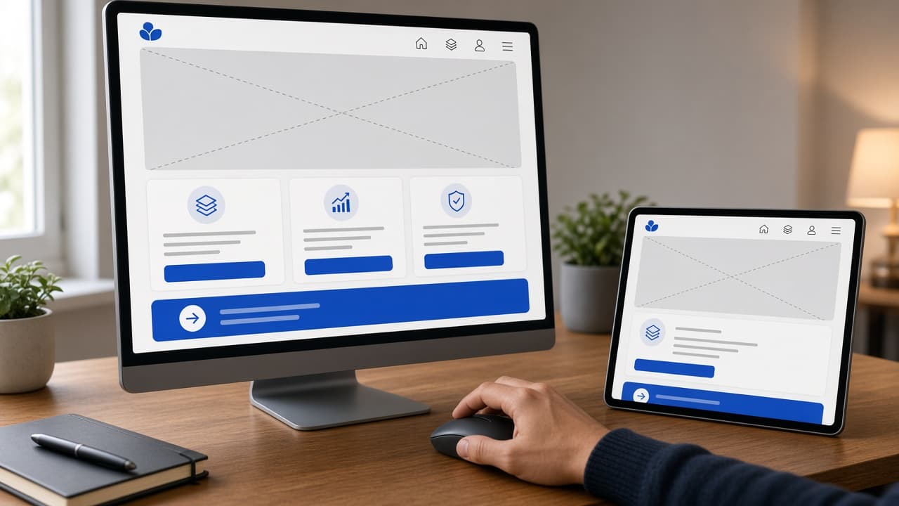 Website design monitor and tablet showing a business homepage mockup and mobile layout