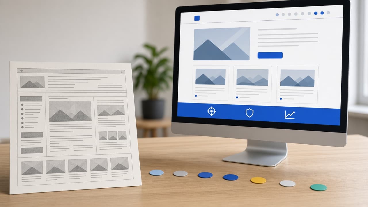 Website redesign workshop with a printed outdated page beside a modern rebuilt layout