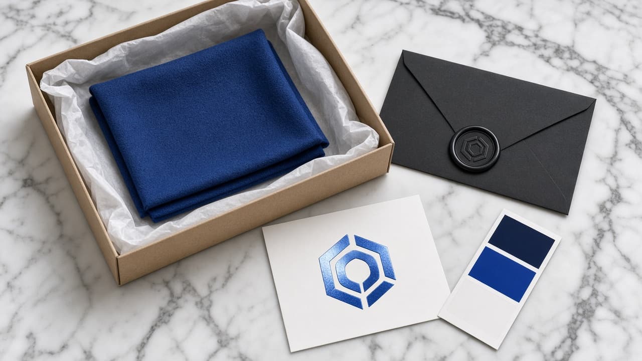Brand kit with abstract mark, color chips, and premium black white and royal blue stationery