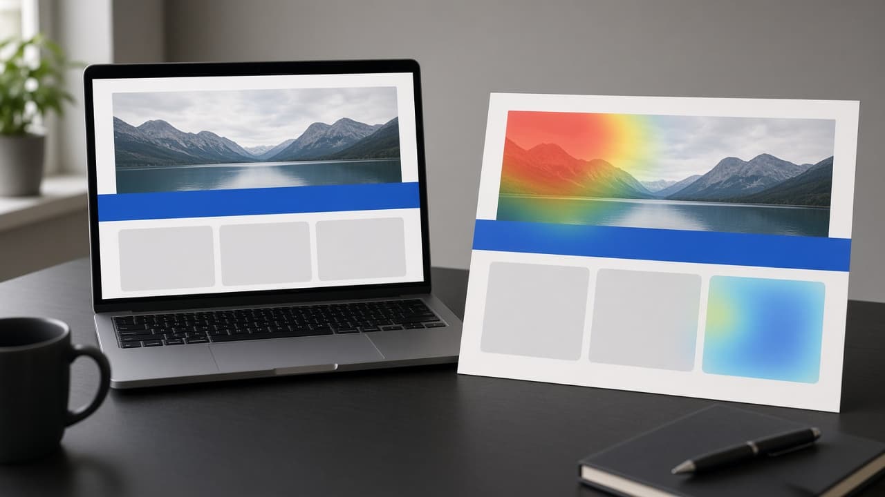 Conversion landing page proof on a laptop beside a printed campaign layout