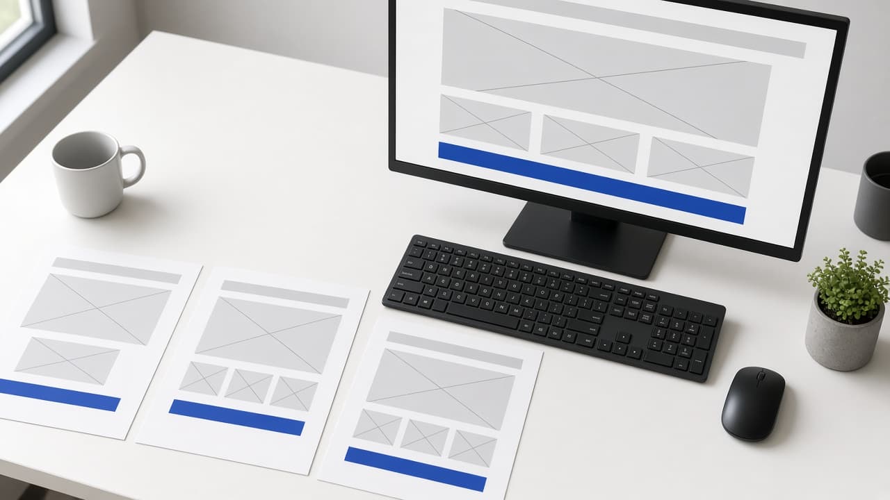 Website design workstation with printed wireframes and multi-page mockups on a monitor