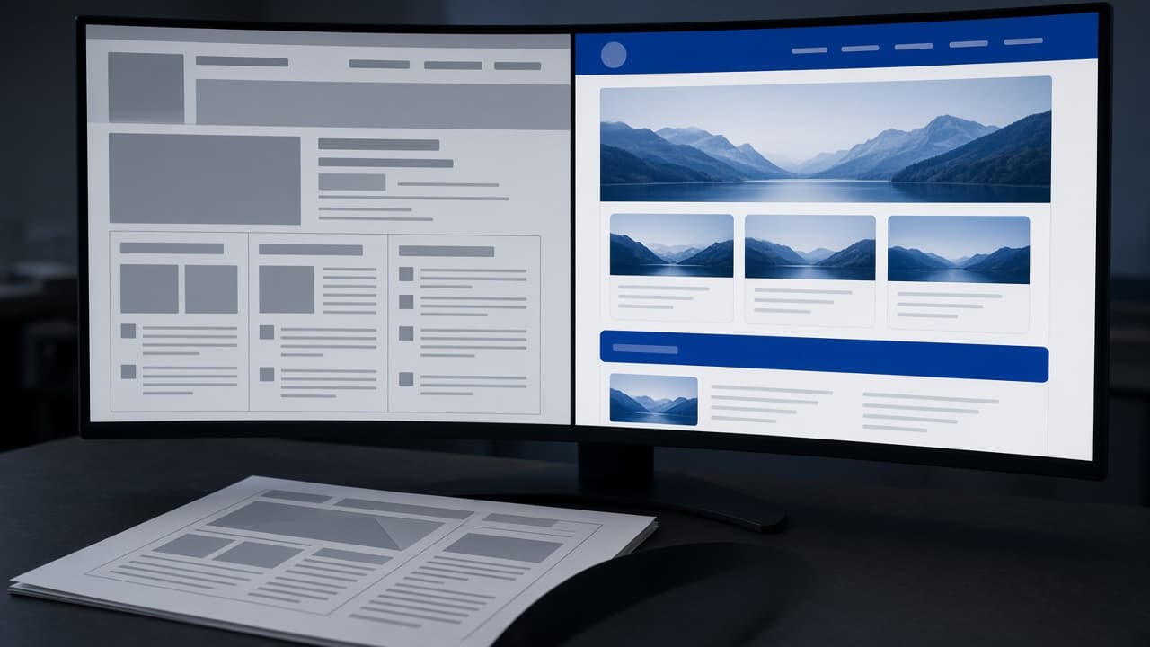 Website redesign comparison on a curved monitor showing a dated layout beside a modern rebuild