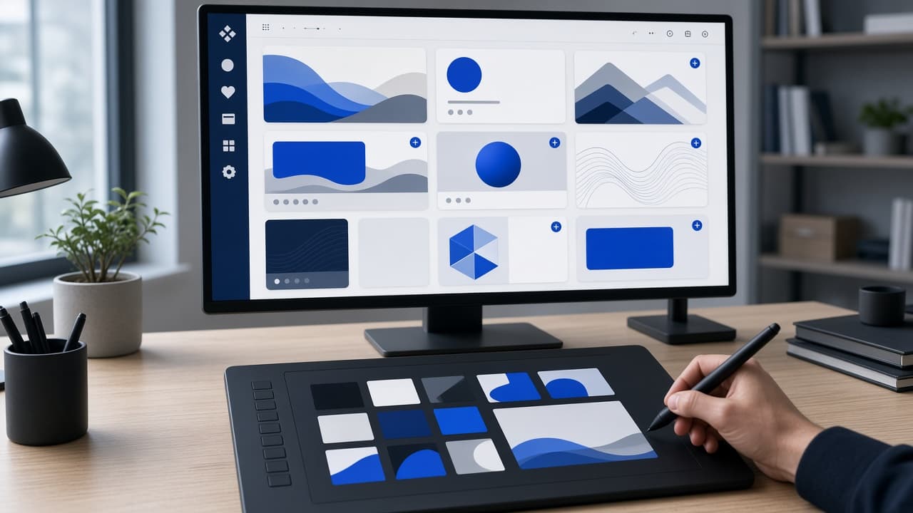Design workstation showing website UI mockups across monitor laptop and tablet