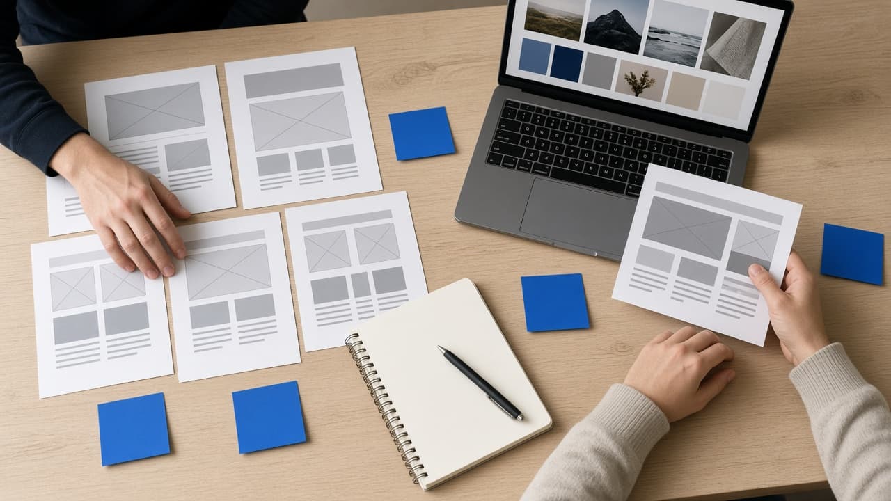 Discovery workshop with competitor page layouts, moodboard, and planning notes